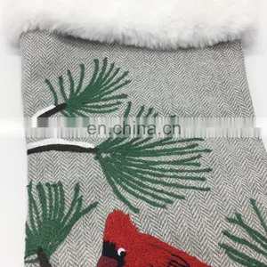 Wholesale Decorative Gray Herringbone Embroidery Linnet and Pine Branches Christmas Socking for Christmas thumbnail-3
