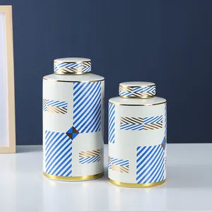 European Simple Style Blue and White Bended Line Sheet Pattern Ceramic Flower Vases With Lid For Home Decoration thumbnail-5