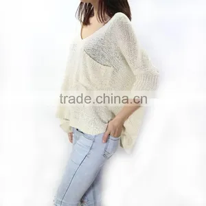 Lady Summer Low Round Neck Pullover Sweater Female Bat Sleeve Hollow Loose Sweater thumbnail-5
