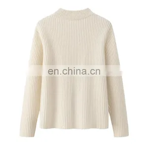Custom Women's Solid Color Winter Cardigan Knitted Stand Collar Casual Zipper Sweater With Pockets Decoration Made From Cashmere thumbnail-2