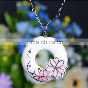 Czech Diamond Paved Enamel Famille Rose Porcelain Glazed Pendant Necklace thumbnail-1