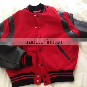 Wool Body and Genuine Leather Sleeves Varsity Letterman Jacket With Shoulder Stripes thumbnail-1