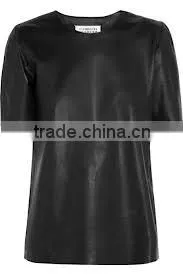 Custom Fully Leather T-Shirts/Leather Sleeve T Shirt Wholesale,mens Leather T-shirt Men Emboridery T-shirts thumbnail-1