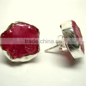 Ruby Raw Gemstone 925 Sterling Silver Earring Stud Jewelry, Rough Gemstone Stud Earrings thumbnail-2