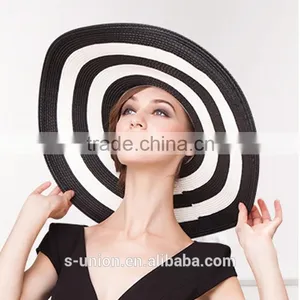 2016 New Fashion Summer Large Brim Beach Sun Womens Hats Ladies Black and White Stripes Floppy Straw Hat thumbnail-3