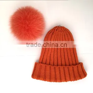 Myfur Fashion Orange Color Customized Fox Fur Pom Pom Knitted Hat thumbnail-3