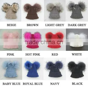 Myfur Cute Double Raccoon Fur Pom Poms Attached Ribbed Knitting Hat Wholesale thumbnail-6