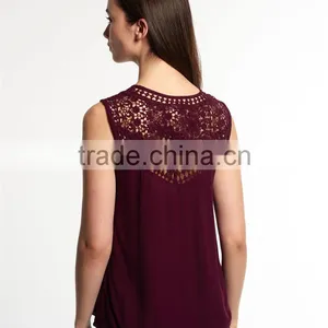 2017 Guangzhou Shandao Custom Logo New Fancy Style Women Summer Wine Red Chiffon Round Neck Sexy Sleeveless Top Photos thumbnail-2
