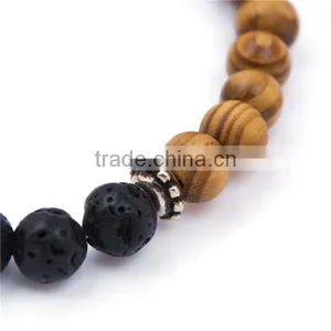 Stone Lava Wood Beaded Healing Bracelet Antique Silver Gear Black & Brown Elastic 23.5cm Long thumbnail-3