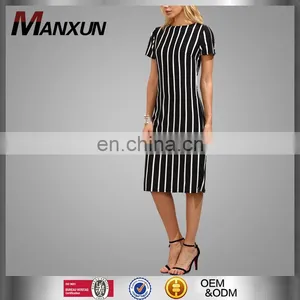 Elegant White and Black Vertical Striped Dress Short Sleeves Midi Dress thumbnail-1