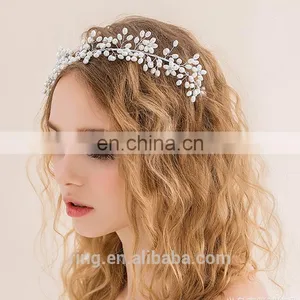 Crystal Pearl Hair Crown Tiaras Silver Leaves Headbands for Women thumbnail-3