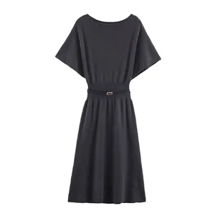 2025 New Fashionable Elegant Women's Mid-Length Knit Dress With Belt thumbnail-4
