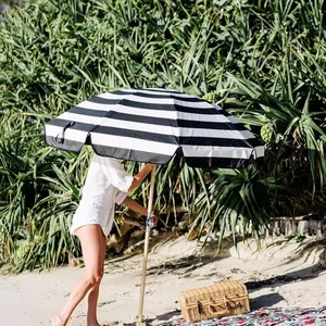 OEM Customized 8FT Tilting Beach Umbrellas Wholesale Outdoor Patio Umbrella Striped Polyester UV Protection Sand Anchor thumbnail-1