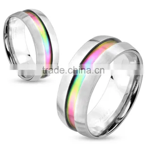 Rainbow Center Inlay Stainless Steel Couple Ring - Free Engraving thumbnail-1