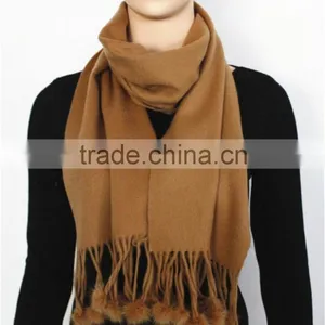 Camel Plain Color Pure Wool Scarf With Rabbit thumbnail-1