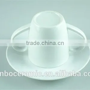 White Porcelain Cup Saucer Double Handles , Stock Cups Chaozhou Factory Sanbo thumbnail-3