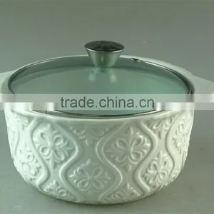 Cream Ceramic Enbossing Soup Tureen With Glass Cover/lid in Stocklot for Home Use thumbnail-1