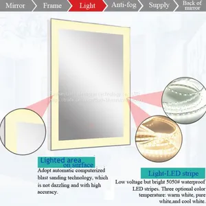 Extend Width Illuminate Bath Mirror Aluminum Edging Series, LED Light up Mirror With Anti Mist Film thumbnail-1