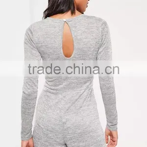 Grey Lace Up Romper Cut Hole Button With Long Sleeve Custom Cotton Blends Stretchy Slim Women Pyjamas thumbnail-3