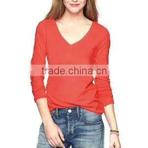 Plain RED Long Sleeve v Collar t Shirt for Womens thumbnail-1
