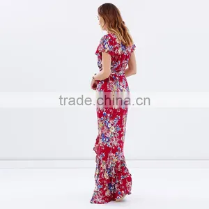 Bambi Bloom Floral Printed Short Sleeve Ruffled Maxi Wrap Dresses thumbnail-3