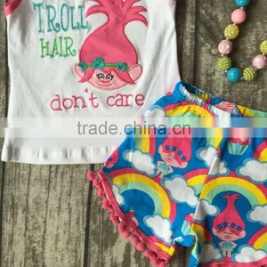 Baby Girls Summer Clothes Girls Children Troll Hair Don;t Care Outfits Kids Rainbow Shorts Outfits With Accessories thumbnail-2