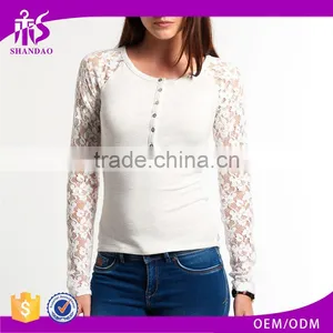 2016 Guangzhou Shandao OEM/ODM Custom Design Casual Long Lace Sleeve Round Neck Bodycon White Cotton Sexy Western Tops Ladies thumbnail-1