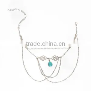 New Fashion Link Cable Chain Silver Tone Hollow Pattern Carved Connector With Turquoise Drop Pendant Body Arm Chain Necklace thumbnail-3