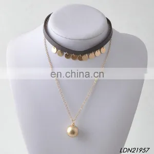Big Gold Pearl Disc Pendant Necklace Black Leather Choker Necklace Sets thumbnail-1