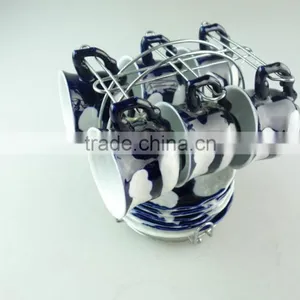 Cheap Wholesale Porcelain Blue Glaze Coffee Tea Set Tableware Cup and Saucer With Metal Stand thumbnail-1