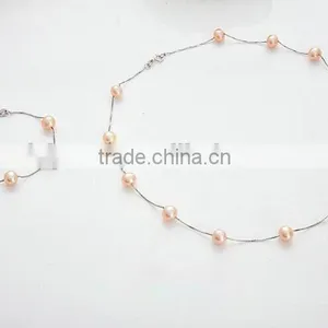 6-7 mm Pink Freshwater Pearl Necklace and Bracelet Sets thumbnail-1