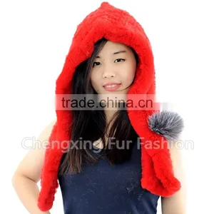 CX-C-242F Ladies Hand Knit Rex Rabbit Fur Hooded Scarf Winter Hats Women thumbnail-2