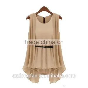 Wholesale Hot Selling Fashion Women Summer Top High Quality Ladies Top Beige O-Neck Sleeveless Career OL Chiffon Elegant Blouse thumbnail-1