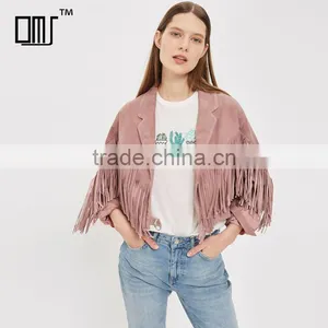 Lapel Collar Fringed Short Coat Womens Faux Suede Tassel Bomber Jacket thumbnail-1