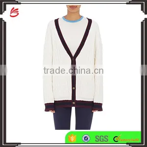 Wholesale Pure White V-Neck Rib-Knit Cashmere Women Sweater With Buttons Fastening and Slant Pockets thumbnail-1