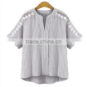 European Station 2017 New Large Size Women's Striped Shirt Stitching Short-sleeved T-shirt Cotton and Linen Jacket thumbnail-3