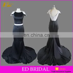 Elegant Cap Sleeve Beaded Court Train Black Long Evening Dress For Fat Women thumbnail-1