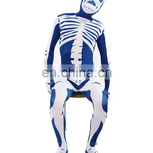 Blue & White Skeleton Nude Suit Tight Zentai Body Spandex Stretch Mens Jumpsuit Adult thumbnail-3