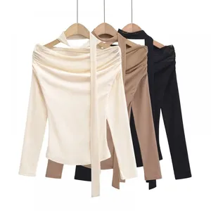 Design-sense Pure Seductive Hot Girl Style Pleated Off-the-shoulder Long-sleeved Top for Women, Spring and Autumn, With Ribbon and Mesh Spliced-in for a Slimming Effect. thumbnail-4