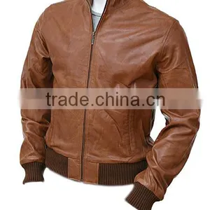 Men's Tan Leather Collar Bomber Jacket thumbnail-1
