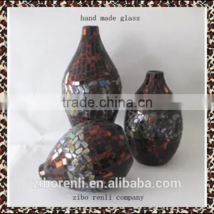 Set of 3 Teal Amber Mosaic Shimmer Pebbles Chinese Decorative Wine Shaped Glass Vases thumbnail-1