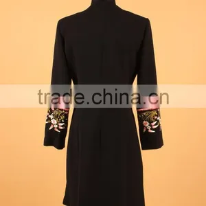 Retro Flowers Embroidered Long Sleeve Black Slim Long European Elegant Women Coat thumbnail-3