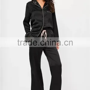 Custom Logo Back Embroideried Pajama Set White Piping Long Pajama Set Black Long Sleeve Top With Long Pants Nightwear thumbnail-4