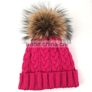 Myfur Hot Pink Knitting Hat With Real Genuine Raccoon Fur Bobble thumbnail-2