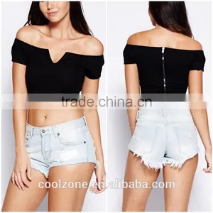 Latest off Shoulder Women Crop Top Wholesale Black Plain Crop Tops thumbnail-1