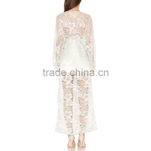 Button up Long Sleeve Fancy Lace Dress Bridal Casual Maxi Robe thumbnail-3