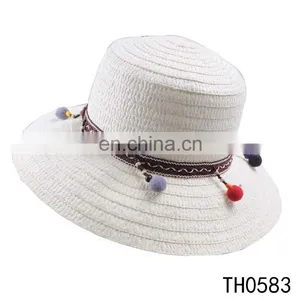 Wholesale Cheap White Plain Paper Straw Bucket Hats to Decorate With Pompom thumbnail-1