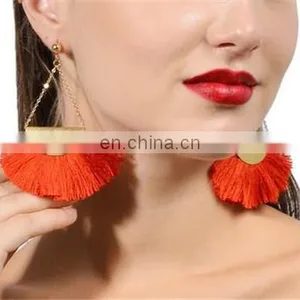 Fashion Women Vintage Geometric Fan - Shaped Cotton Tassel Dangle Ear Stud Earrings thumbnail-5