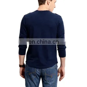 Casual Mens Cotton Dark Blue T-shirts Button Neck Tee Shirts With Chest Pockets Fashion thumbnail-2