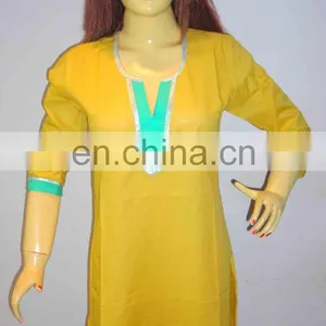 Half Sleeve Yellow Color Indian Style Clothing Designer Cotton Tunic Kurtis Beach Wear Wholesale in Thailand India Usa thumbnail-1